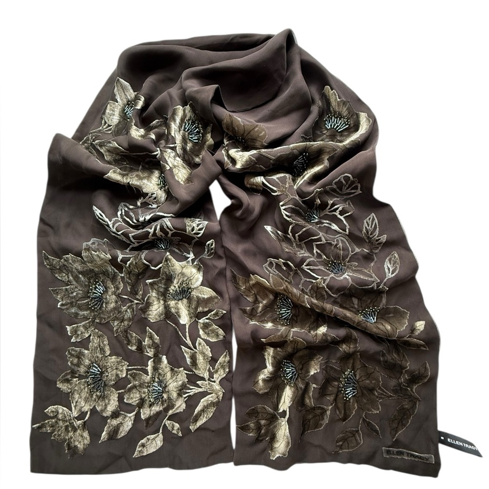 Ellen Tracy Brown Silk Velvet Beaded Floral‎ Embroidered Scarf